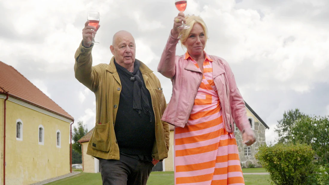 Stiligt - En man och kvinna som håller vinglas framför ett hus och firar sin HUSDRÖMMAR.