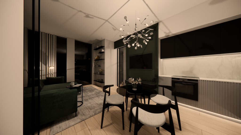 Stiligt - En Platsbyggt i Karlatornet vardagsrum och matsal rendering i 3D.