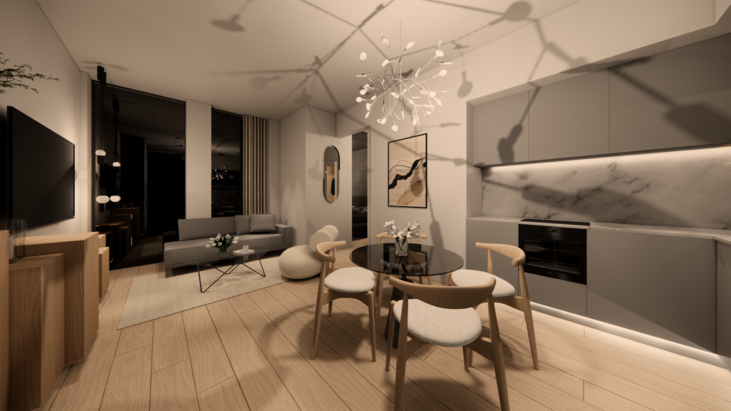 Stiligt - En 3D-rendering av ett vardagsrum och matsal, platsbyggt i Karlatornet.
