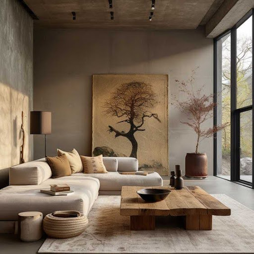 Stiligt - Ett modernt vardagsrum med ett träd på väggen designat av inredningsdesign.