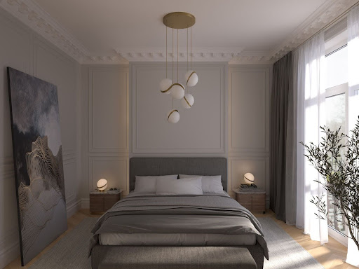 Stiligt - Skapa ditt drömsovrum med en säng och en lampa i denna 3D-rendering.